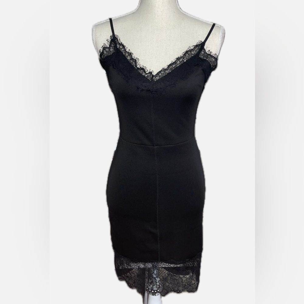 Studio F.  Elegant Black Lace Trim Slip Dress